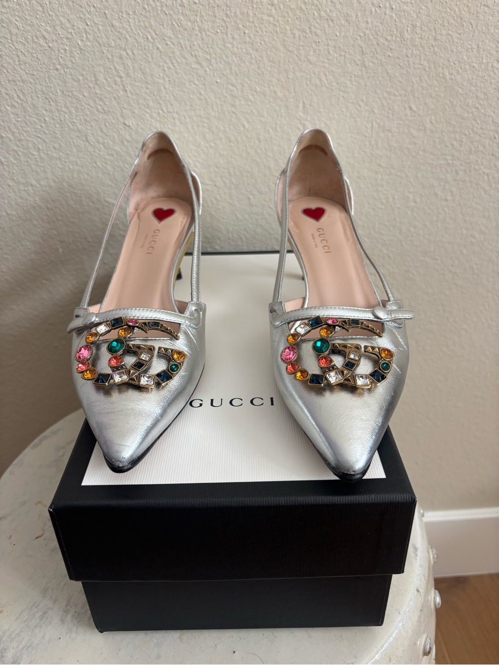 AUTHENTIC Gucci Silver Metallic GG Crystal and Bamboo Kitten Heels